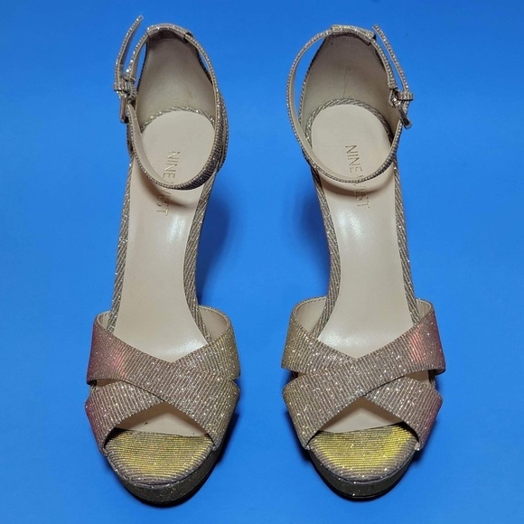 Nine West Sparkle Bling Ankle Strap Decorao Criss Cross Peep Toe Heels - Picture 2 of 7